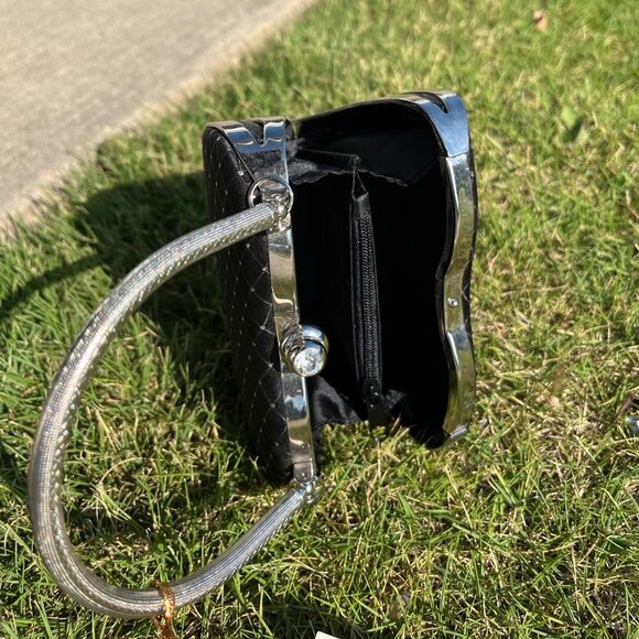 Joy Collection Blk Eve Clutch Bag Sparkly Dots "U" Handle Faux Diamond Closure - Picture 5 of 13